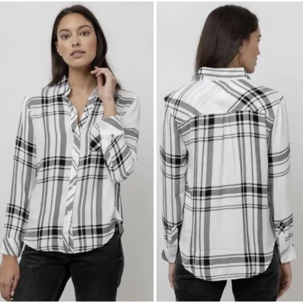 Rails Hunter Shirt Sz Medium M White Jet Black Plaid Flannel Button Front Blouse